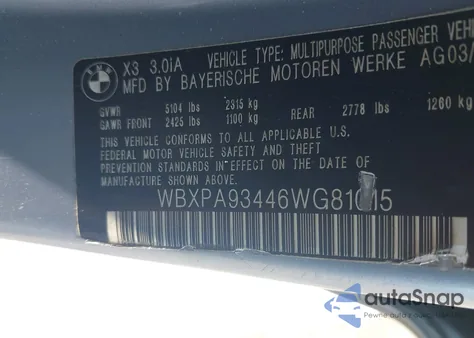 2006 BMW X3 3.0I из США, поврежденный, VIN WBXPA93446WG81015